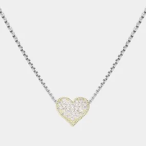 14K Gold Plated CZ Stone Paved Heart Pendant Necklace