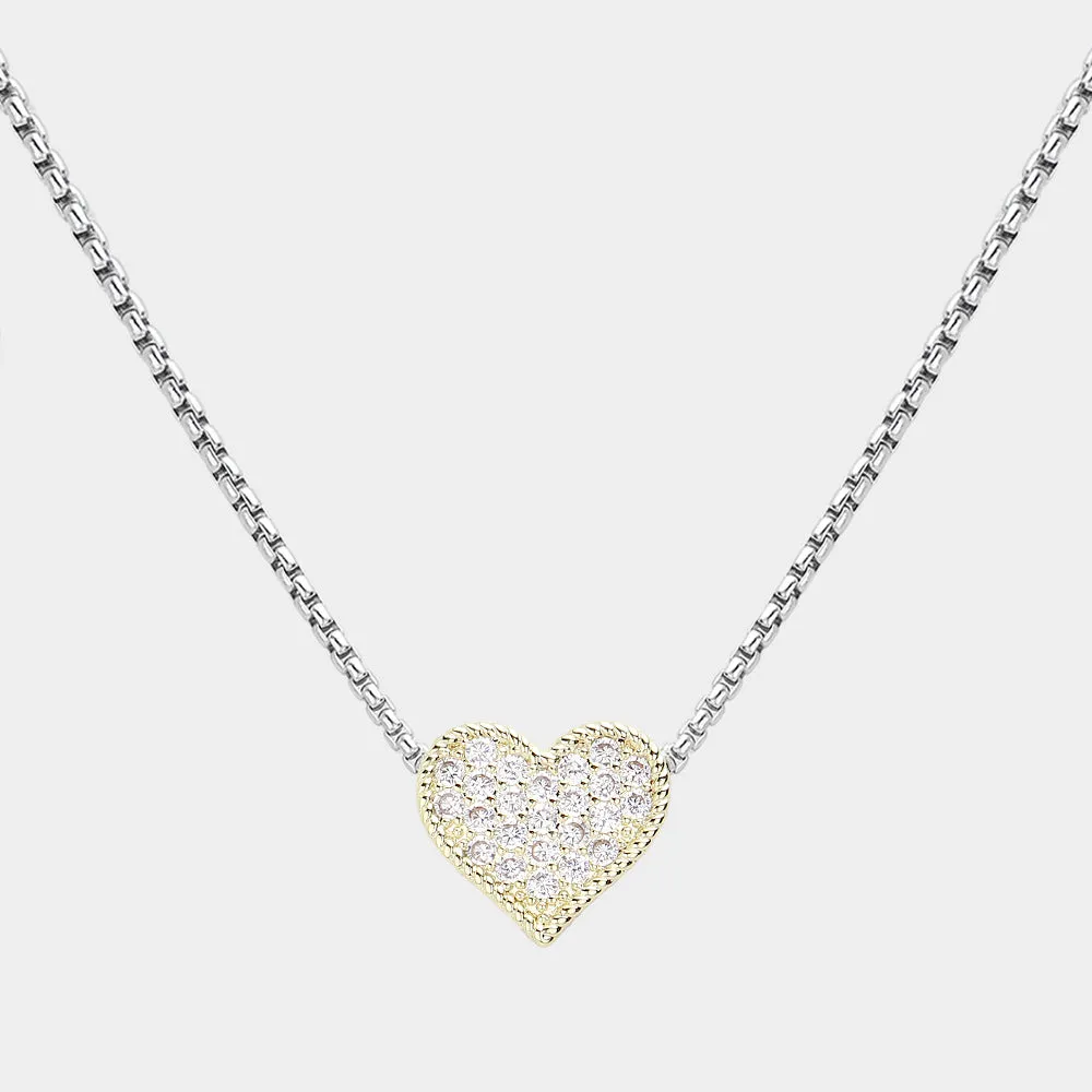 14K Gold Plated CZ Stone Paved Heart Pendant Necklace