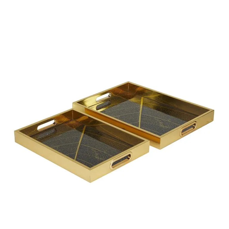 79178 2pc Tray Set in Glass/Black/Gold