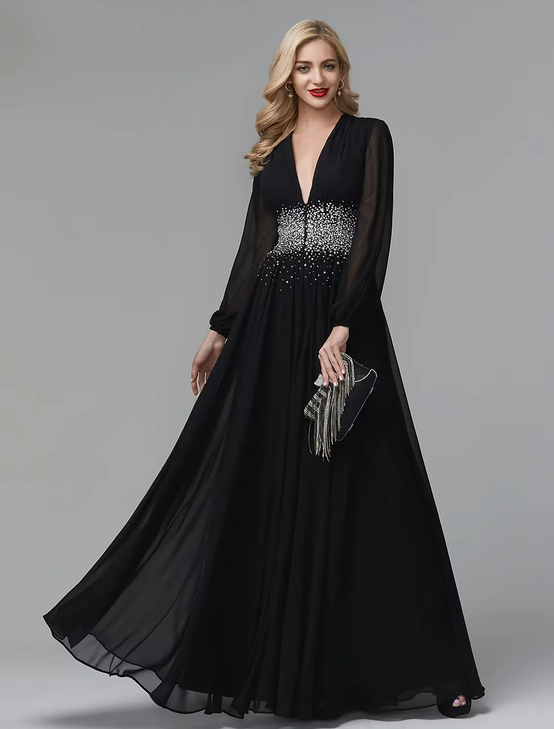 A-Line Evening Dress Celebrity Red Carpet Formal Gown Black Tie Wedding Guest Floor Length Long Sleeve V Neck Chiffon with Sequin