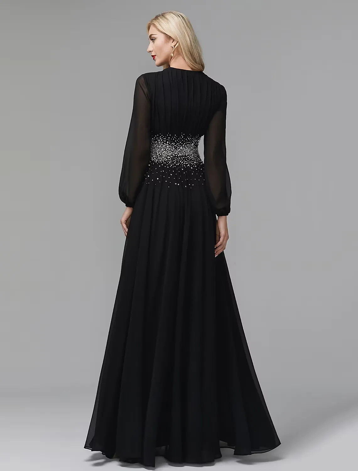 A-Line Evening Dress Celebrity Red Carpet Formal Gown Black Tie Wedding Guest Floor Length Long Sleeve V Neck Chiffon with Sequin