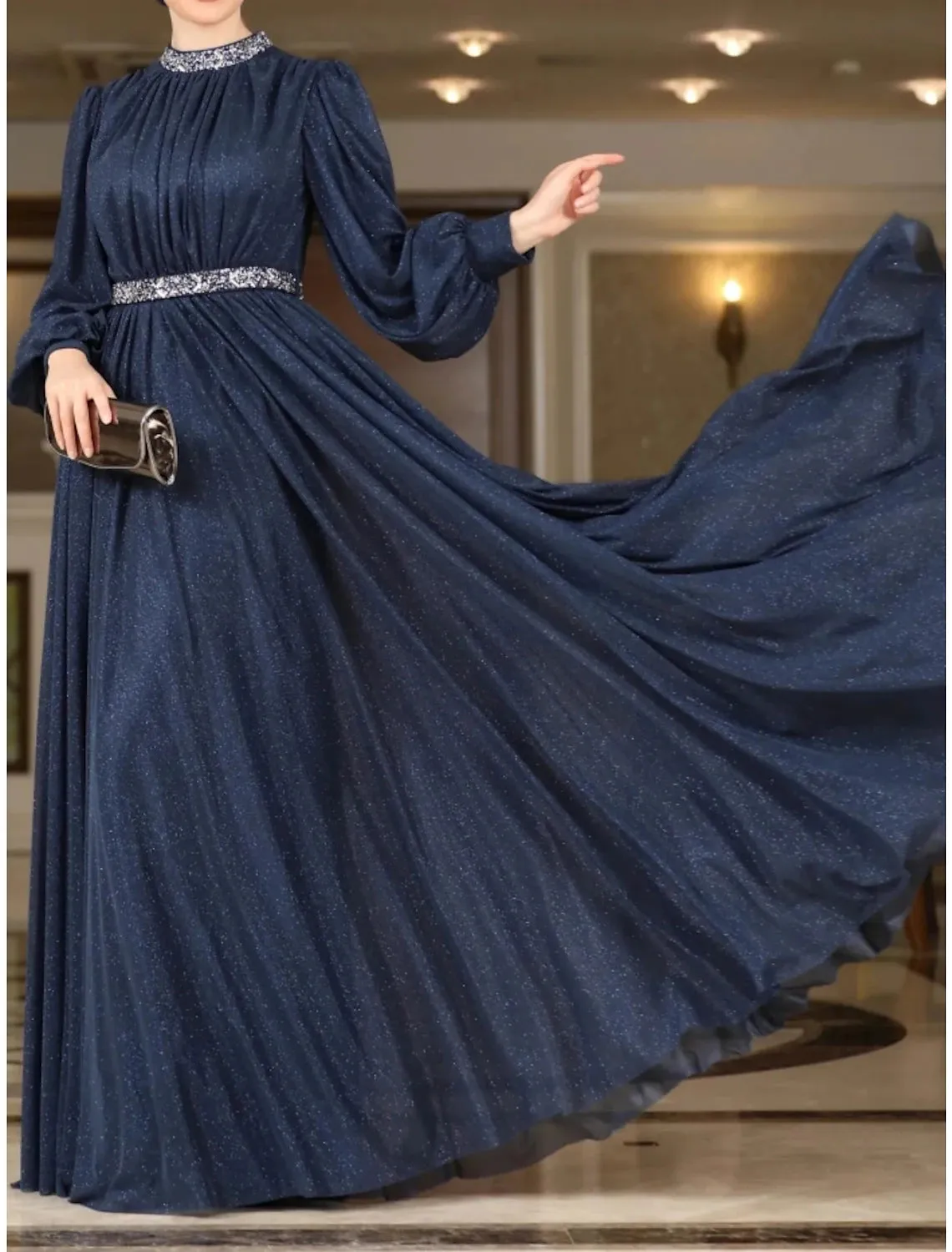 A-Line Evening Gown Elegant Dress Formal Floor Length Long Sleeve Jewel Neck Lurex Fabric with Rhinestone Pleats