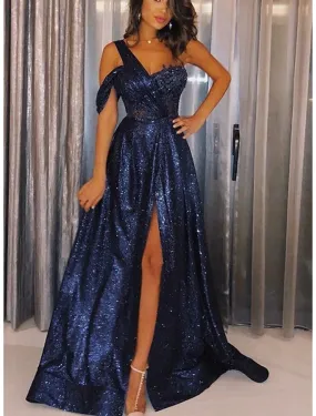 A-Line Evening Gown Elegant Dress Formal Floor Length Sleeveless One Shoulder Sequined with Glitter Slit Appliques