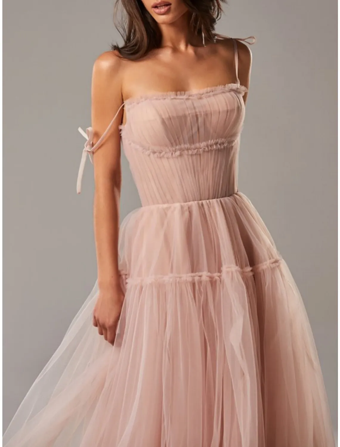 A-Line Evening Gown Elegant Dress Formal Floor Length Sleeveless Spaghetti Strap Tulle with Bow(s) Pleats