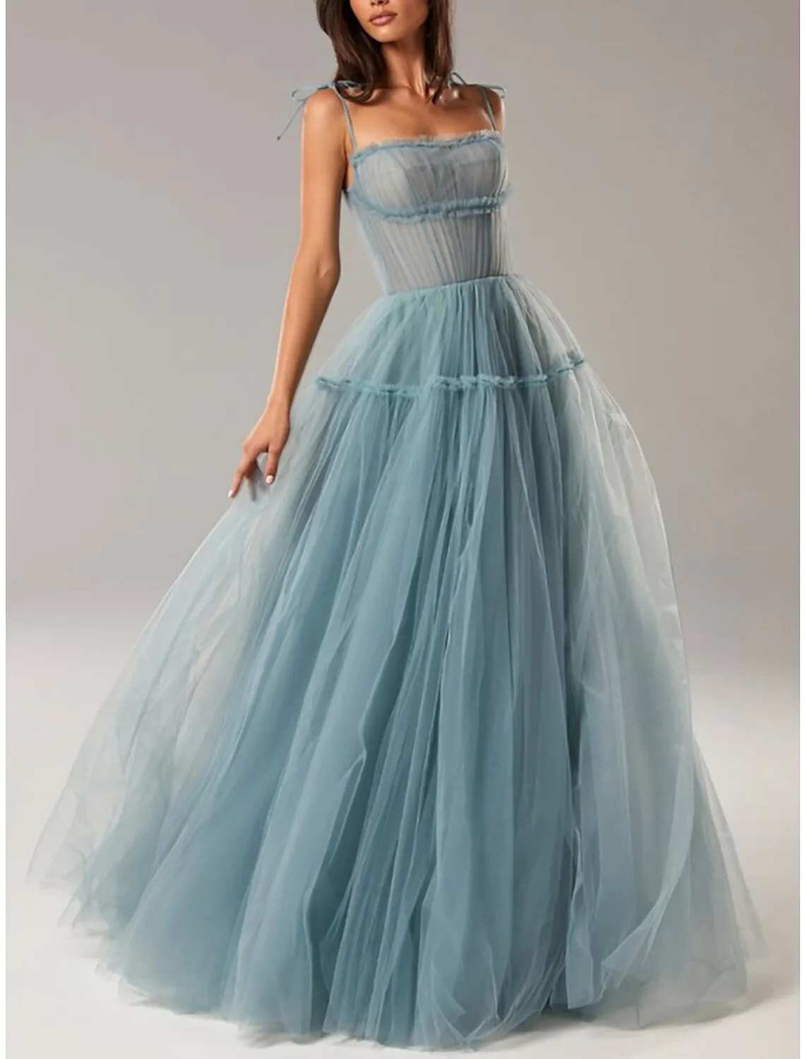 A-Line Evening Gown Elegant Dress Formal Floor Length Sleeveless Spaghetti Strap Tulle with Bow(s) Pleats