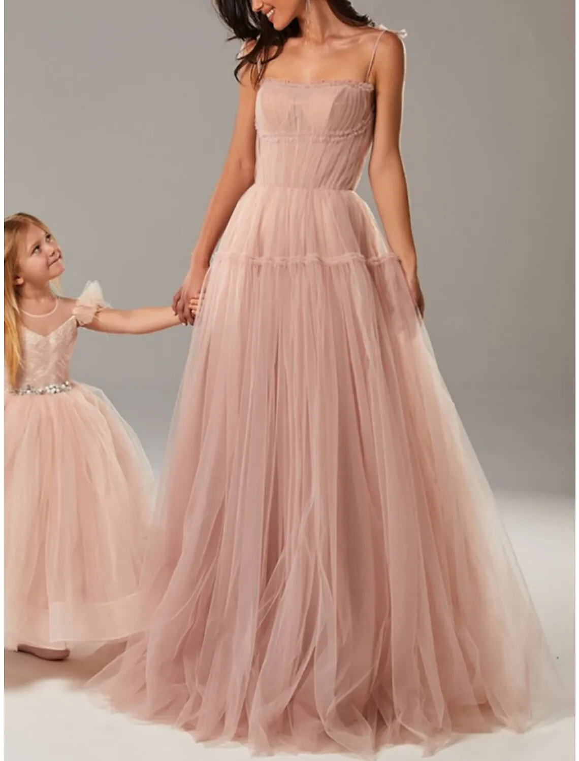 A-Line Evening Gown Elegant Dress Formal Floor Length Sleeveless Spaghetti Strap Tulle with Bow(s) Pleats