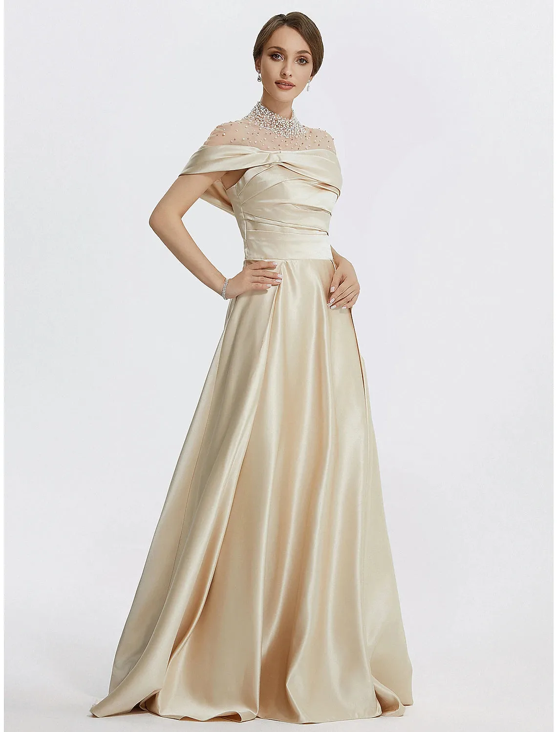 A-Line Evening Gown Elegant Dress Formal Prom Floor Length Sleeveless High Neck Italy Satin with Ruched Pearls