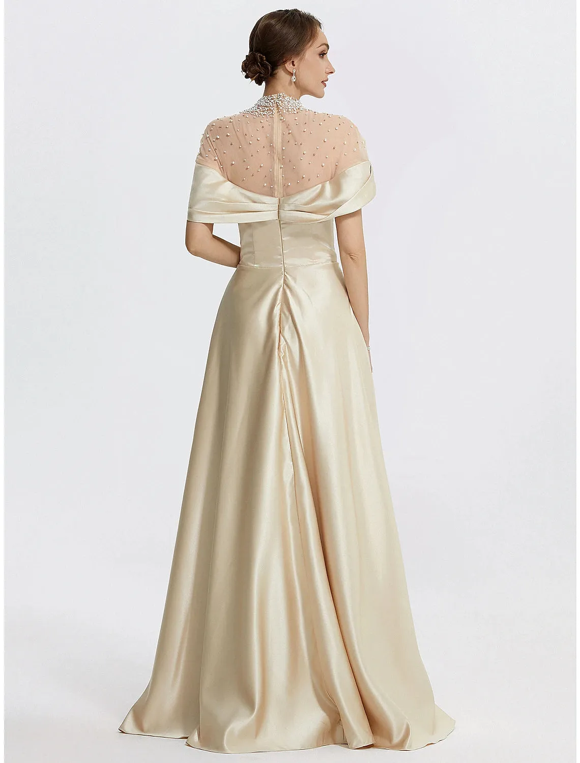 A-Line Evening Gown Elegant Dress Formal Prom Floor Length Sleeveless High Neck Italy Satin with Ruched Pearls