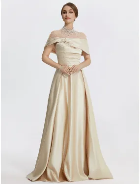 A-Line Evening Gown Elegant Dress Formal Prom Floor Length Sleeveless High Neck Italy Satin with Ruched Pearls