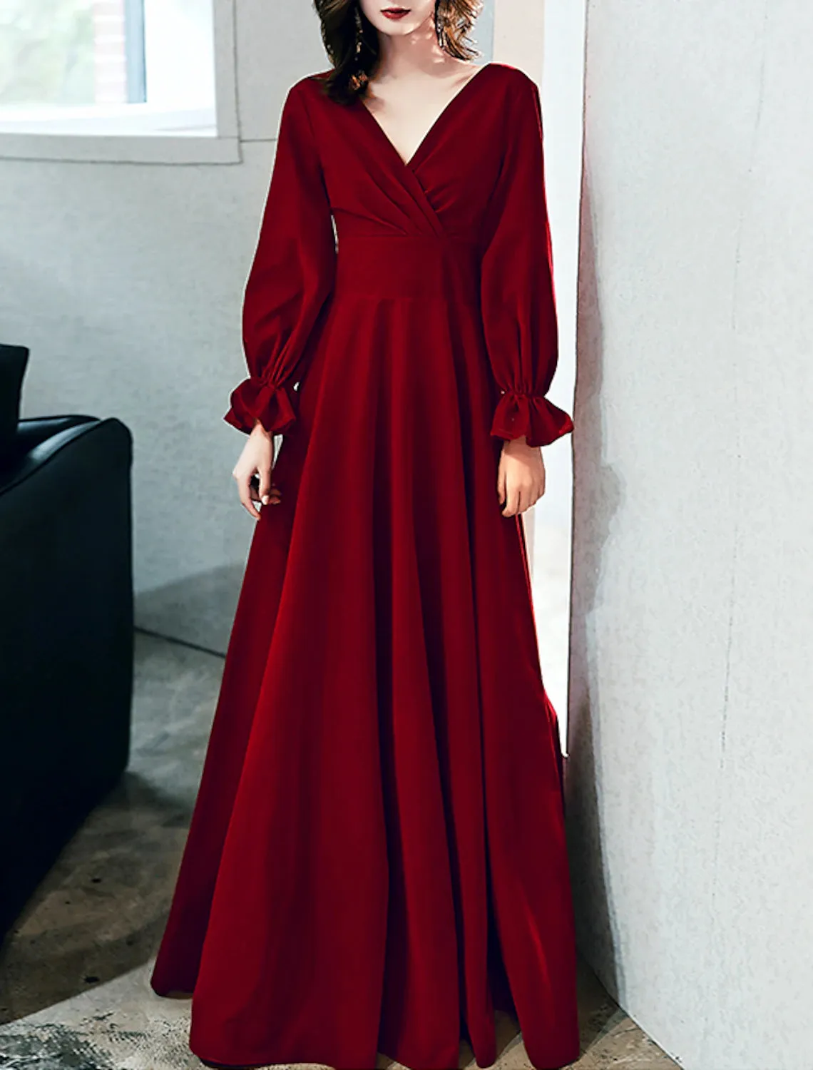 A-Line Minimalist Elegant Engagement Formal Evening Dress V Neck Long Sleeve Floor Length Velvet with Pleats Ruffles