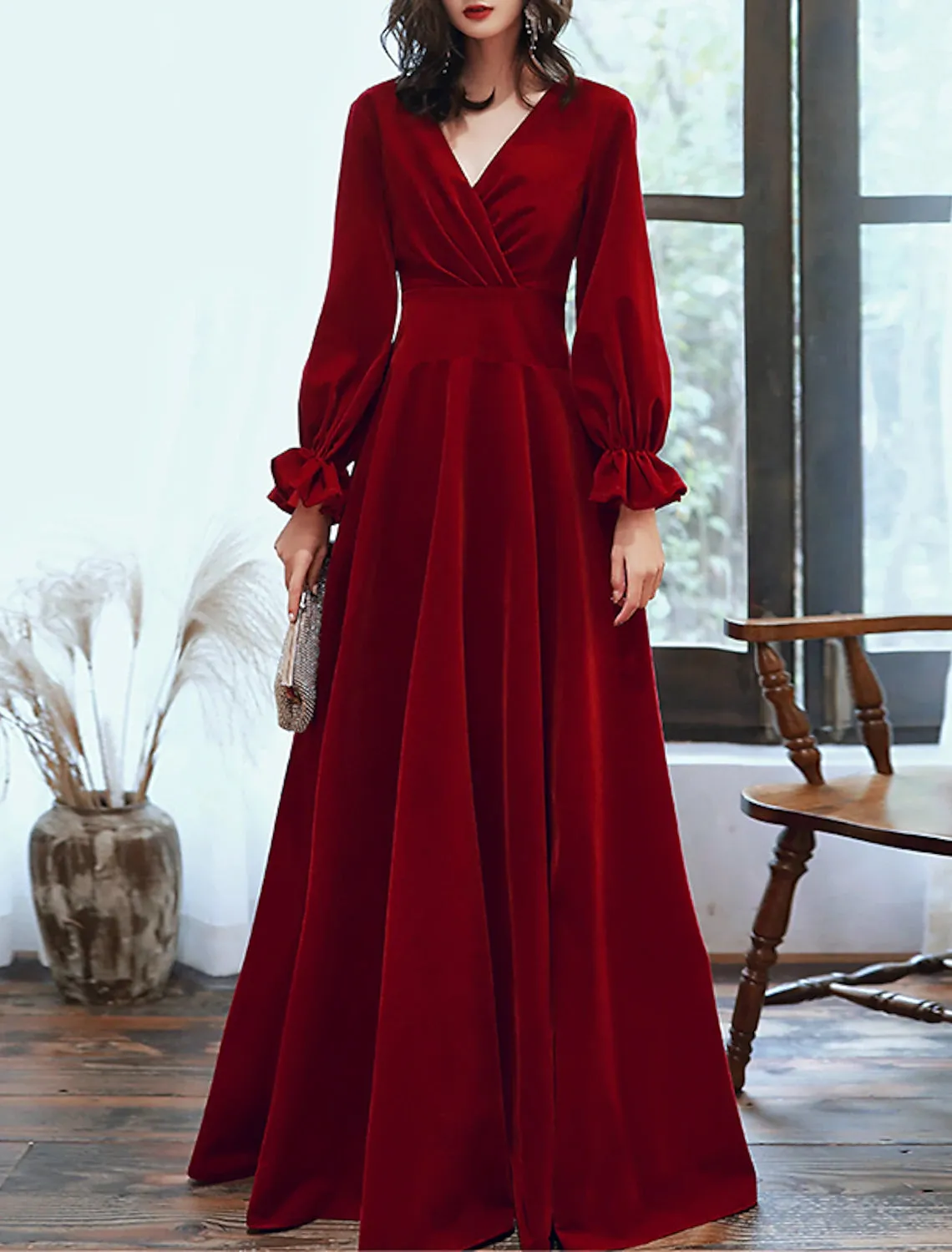 A-Line Minimalist Elegant Engagement Formal Evening Dress V Neck Long Sleeve Floor Length Velvet with Pleats Ruffles