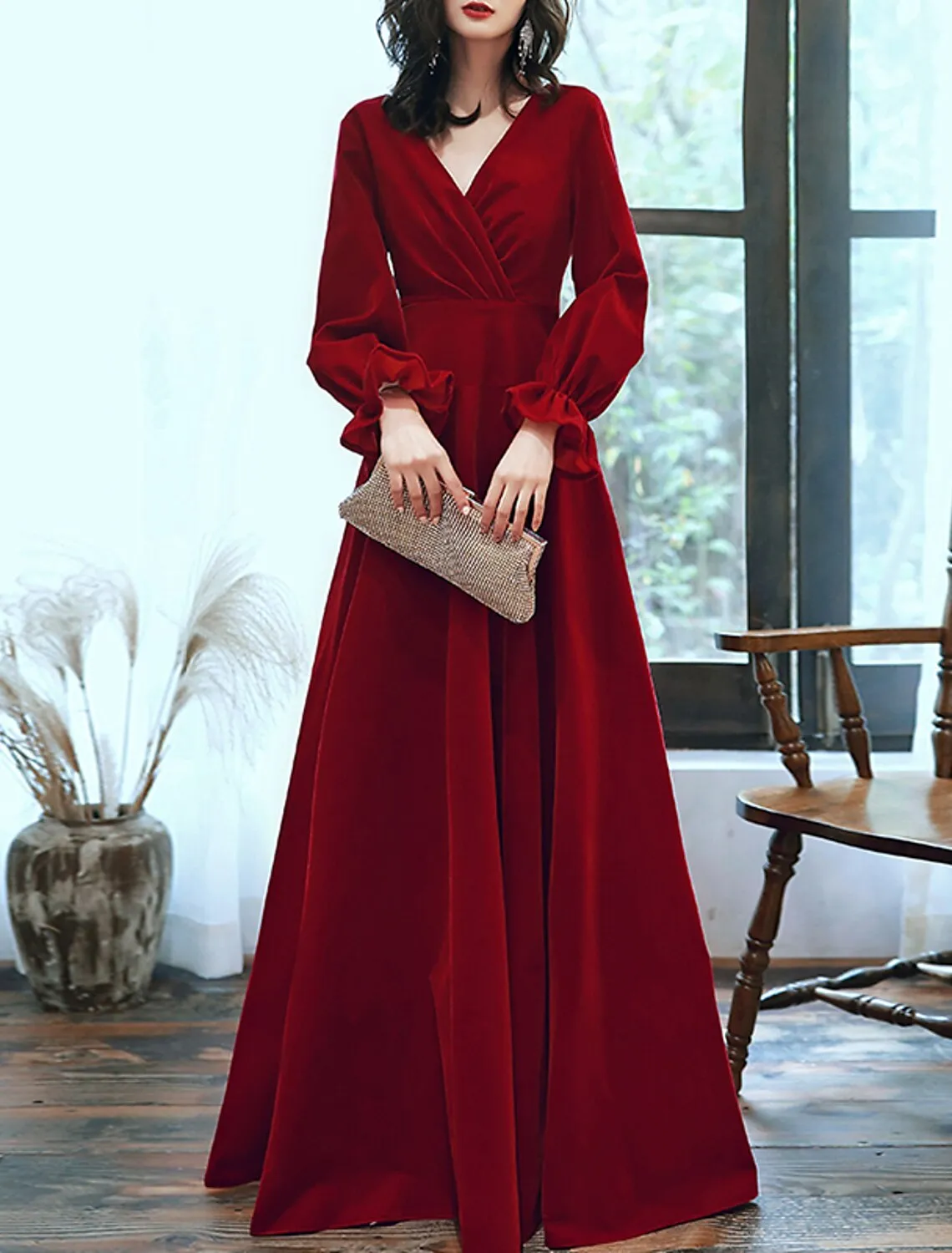 A-Line Minimalist Elegant Engagement Formal Evening Dress V Neck Long Sleeve Floor Length Velvet with Pleats Ruffles