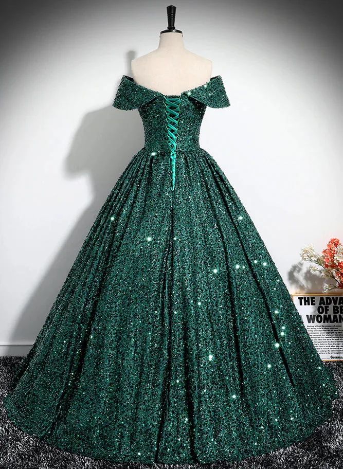 A-Line Princess Glitter Dark Green Sequins Off Shoulder Ball Gown Prom Dress Formal Dress