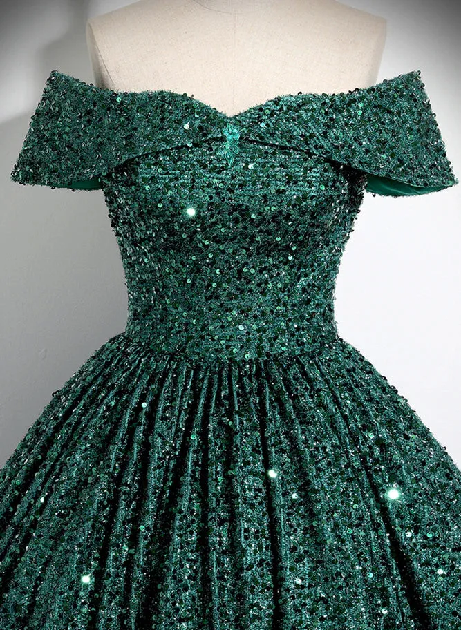 A-Line Princess Glitter Dark Green Sequins Off Shoulder Ball Gown Prom Dress Formal Dress