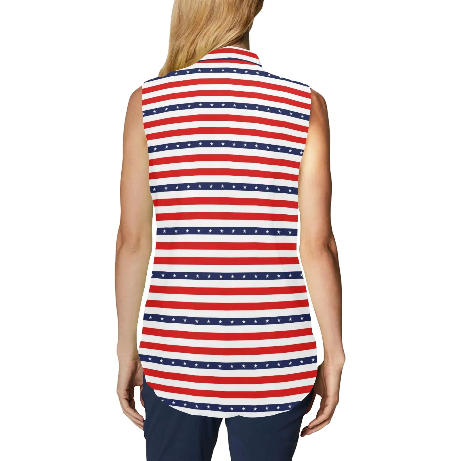 americana stars and stripes striped print 2 Women's Bow Tie V-Neck Sleeveless Shirt (Model T69)