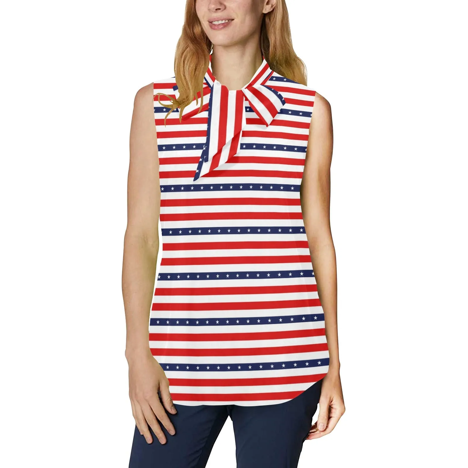 americana stars and stripes striped print 2 Women's Bow Tie V-Neck Sleeveless Shirt (Model T69)