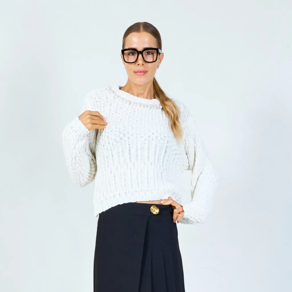 Beaded neckline knit sweater wholesale