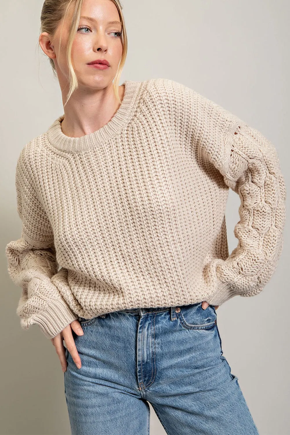 Beige Cable Knit Sleeve Sweater