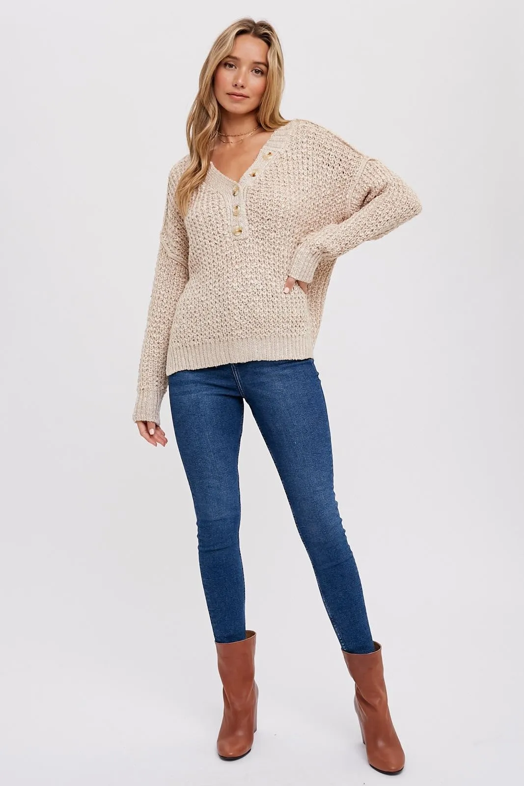 Beige Chunky Knit Button V-Neck Sweater