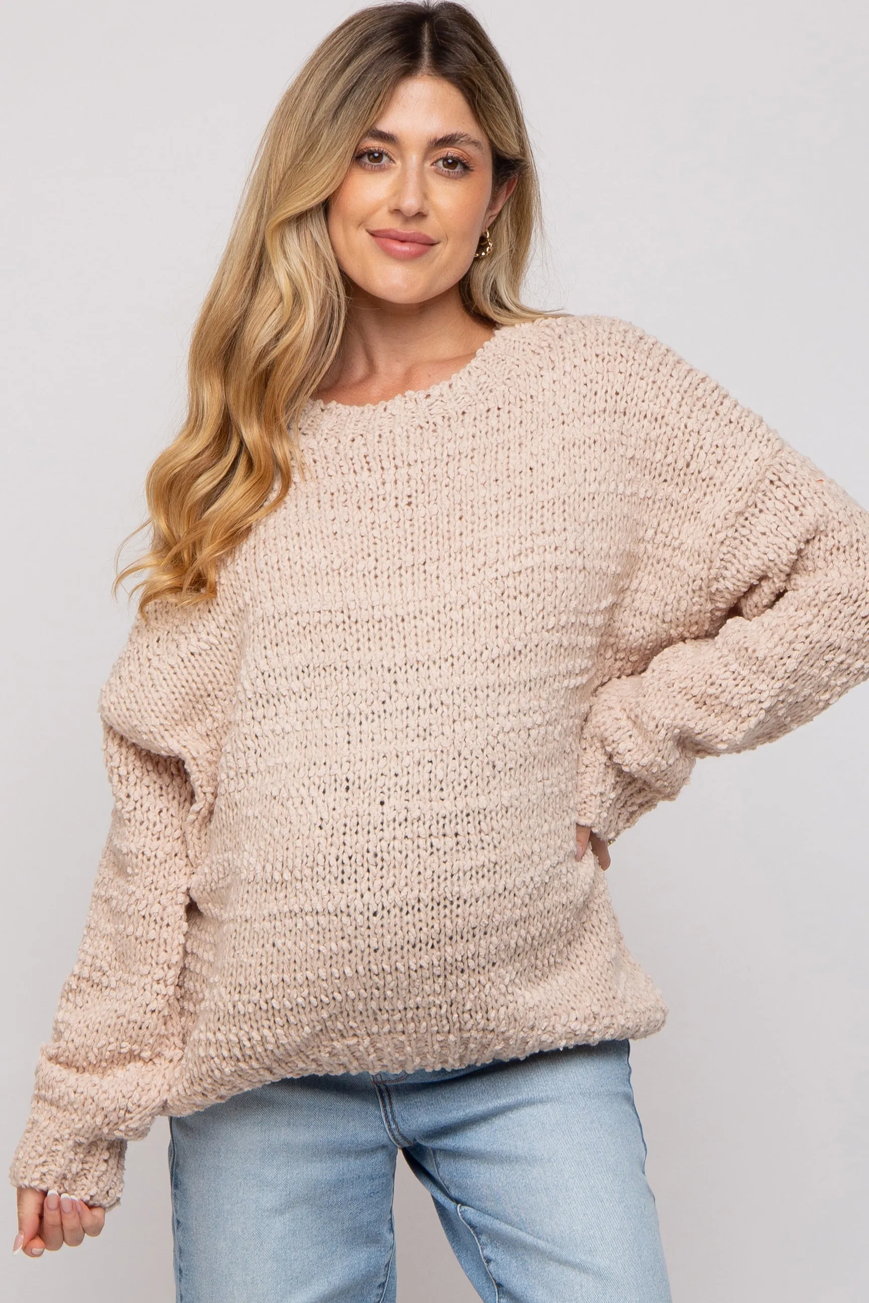 Beige Chunky Loose Knit Maternity Sweater