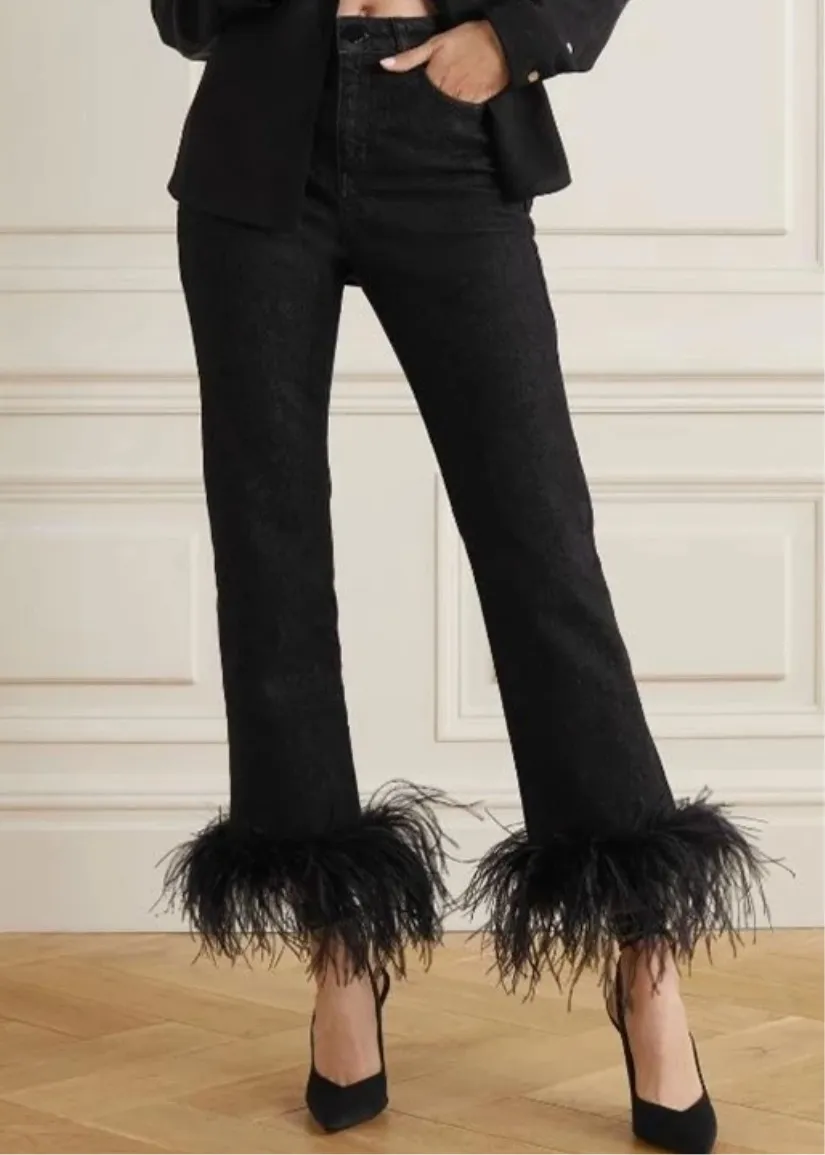 BLACK FEATHER TRIM JEANS