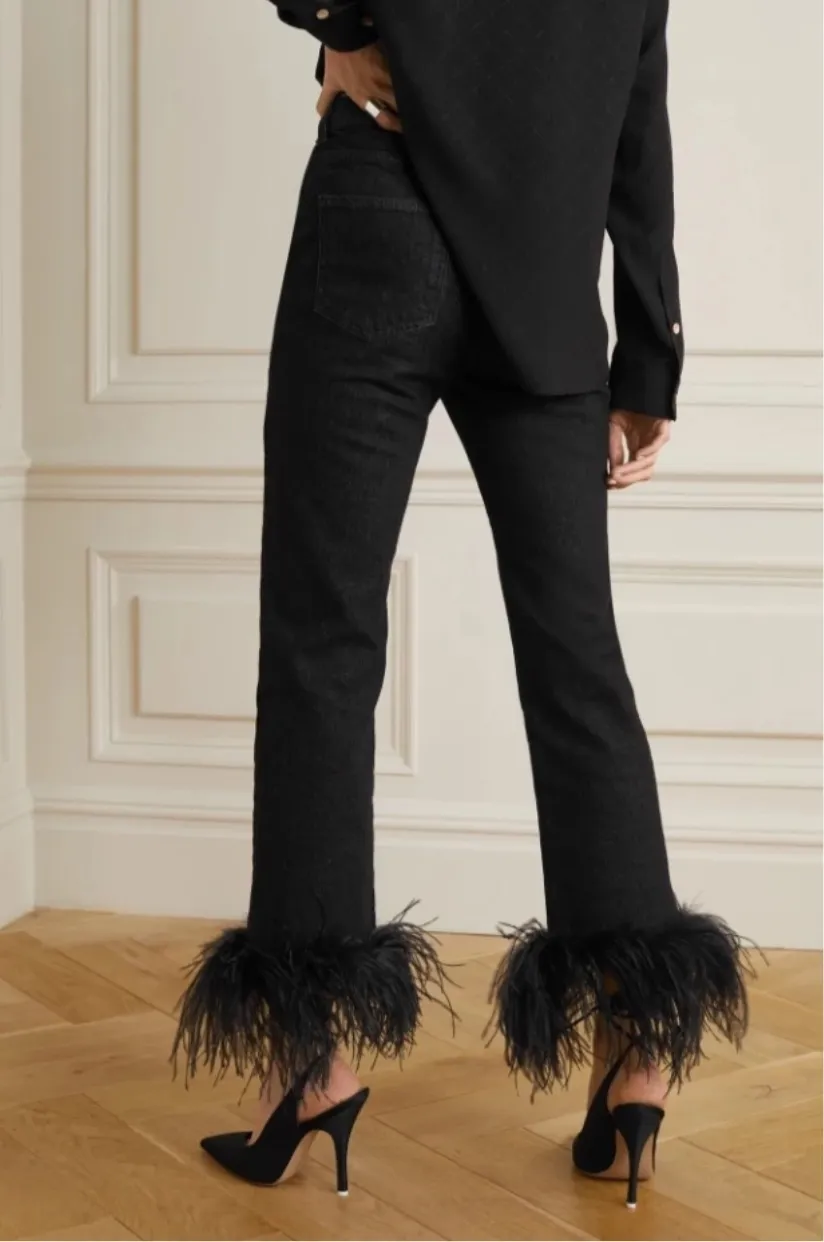 BLACK FEATHER TRIM JEANS