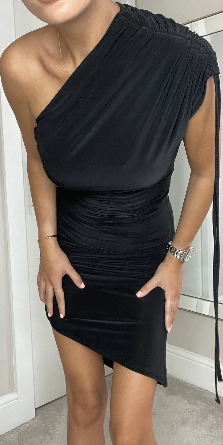 Black Ruched One Shoulder Dress