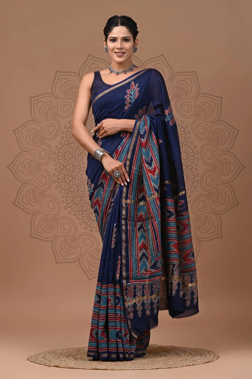 Blue Jaipuri Block Print Saree