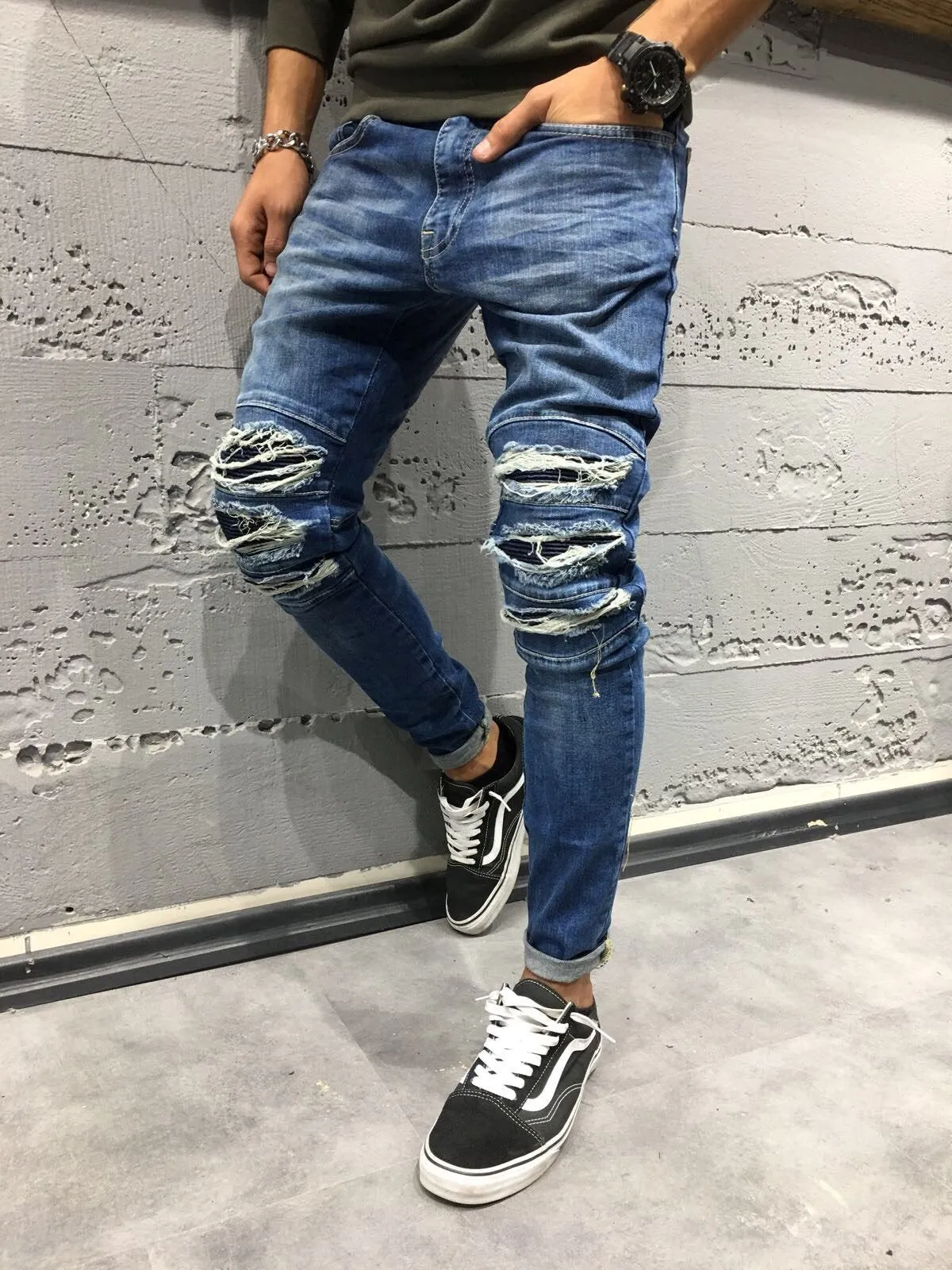 Blue Side Zip Ripped Slim Fit Jeans SJ224 Streetwear Denim Jeans