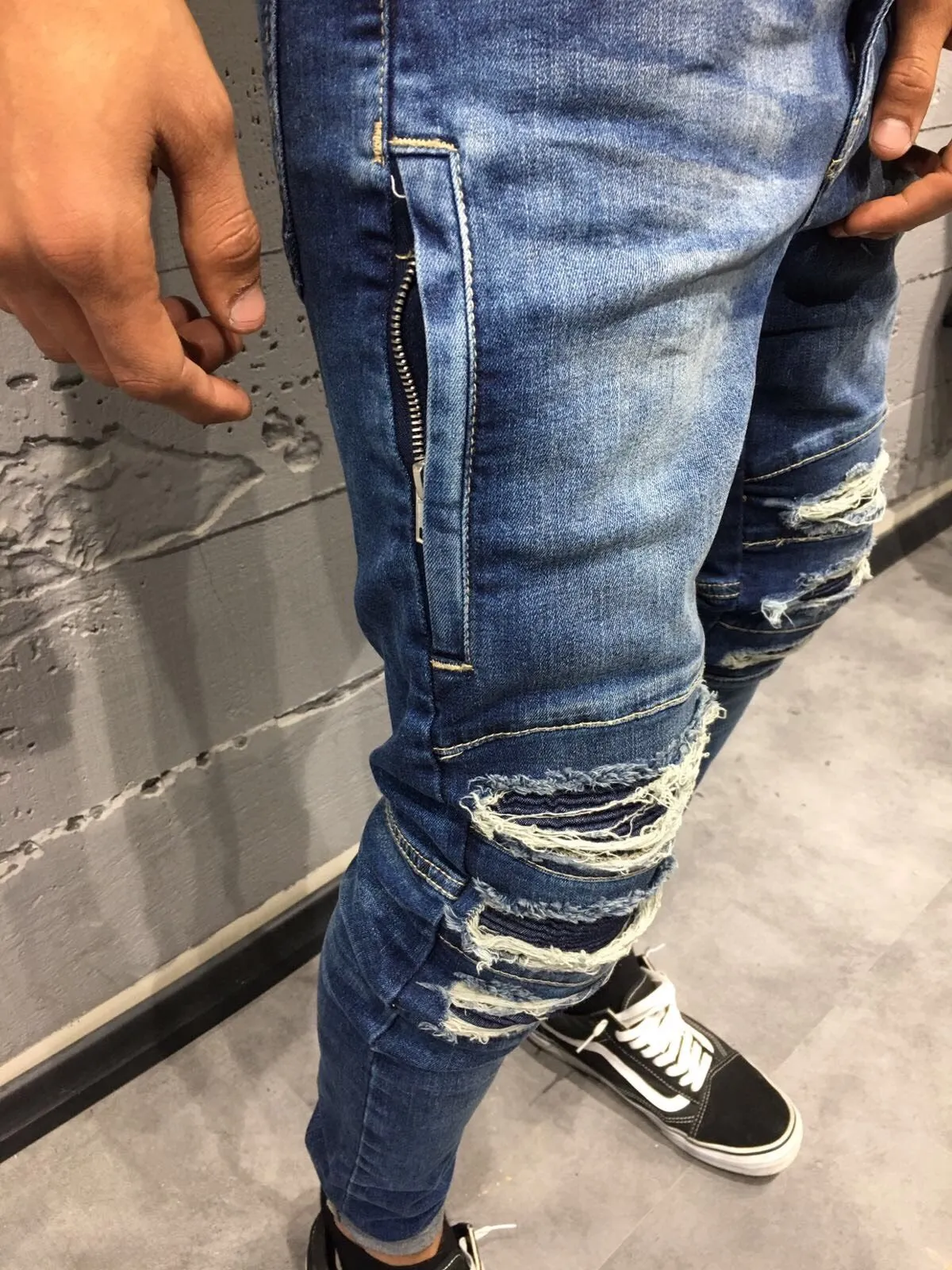 Blue Side Zip Ripped Slim Fit Jeans SJ224 Streetwear Denim Jeans