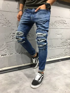 Blue Side Zip Ripped Slim Fit Jeans SJ224 Streetwear Denim Jeans