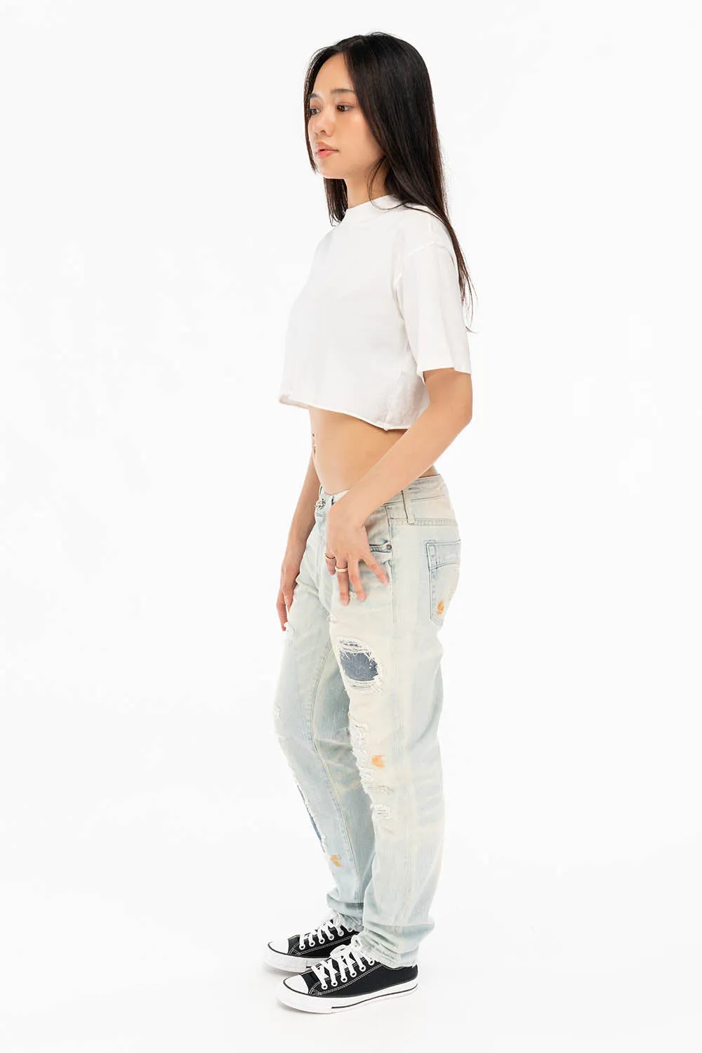 BOYFRIEND STYLE WOMENS PATCHED JEANS IN GEORGE WASH