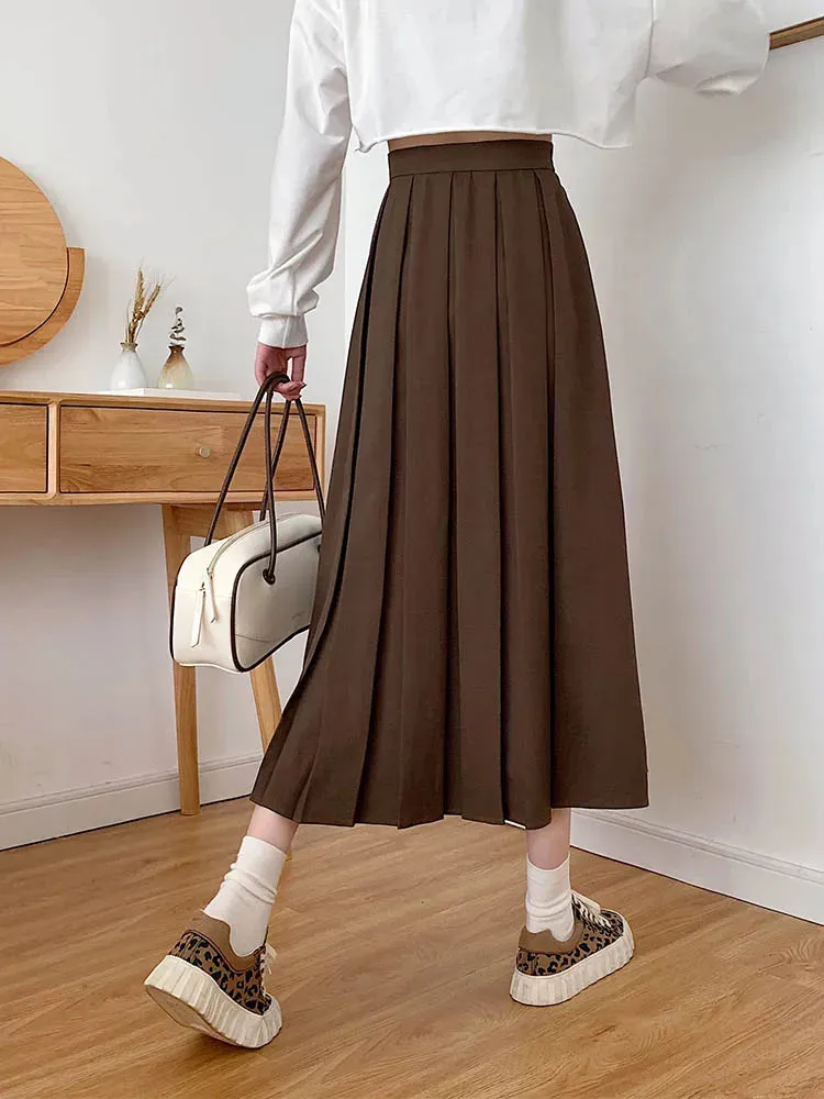 Brown Summer Korean Fashion High Waist Midi Elegant A-Line Skirts