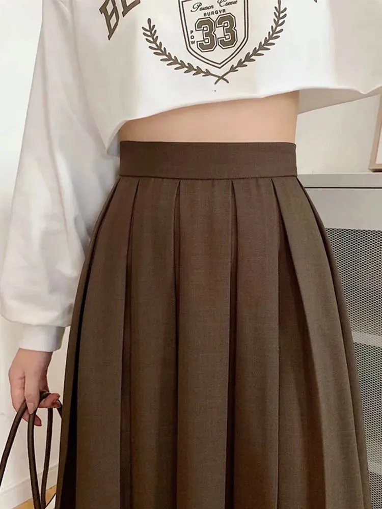 Brown Summer Korean Fashion High Waist Midi Elegant A-Line Skirts