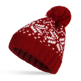 Celebrity Pom Pom Fold Over Jacquard Knit Holiday Hat - Red