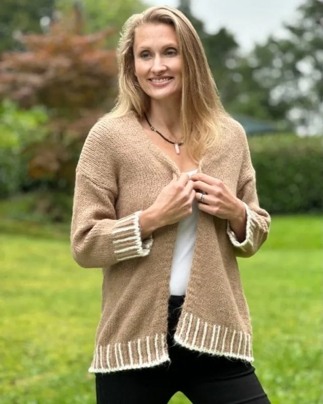 Chunky Knit Cardigan With Contrast Stitching - Coffee