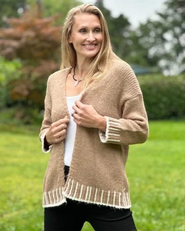 Chunky Knit Cardigan With Contrast Stitching - Coffee