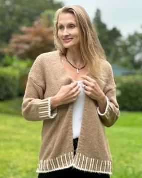 Chunky Knit Cardigan With Contrast Stitching - Coffee