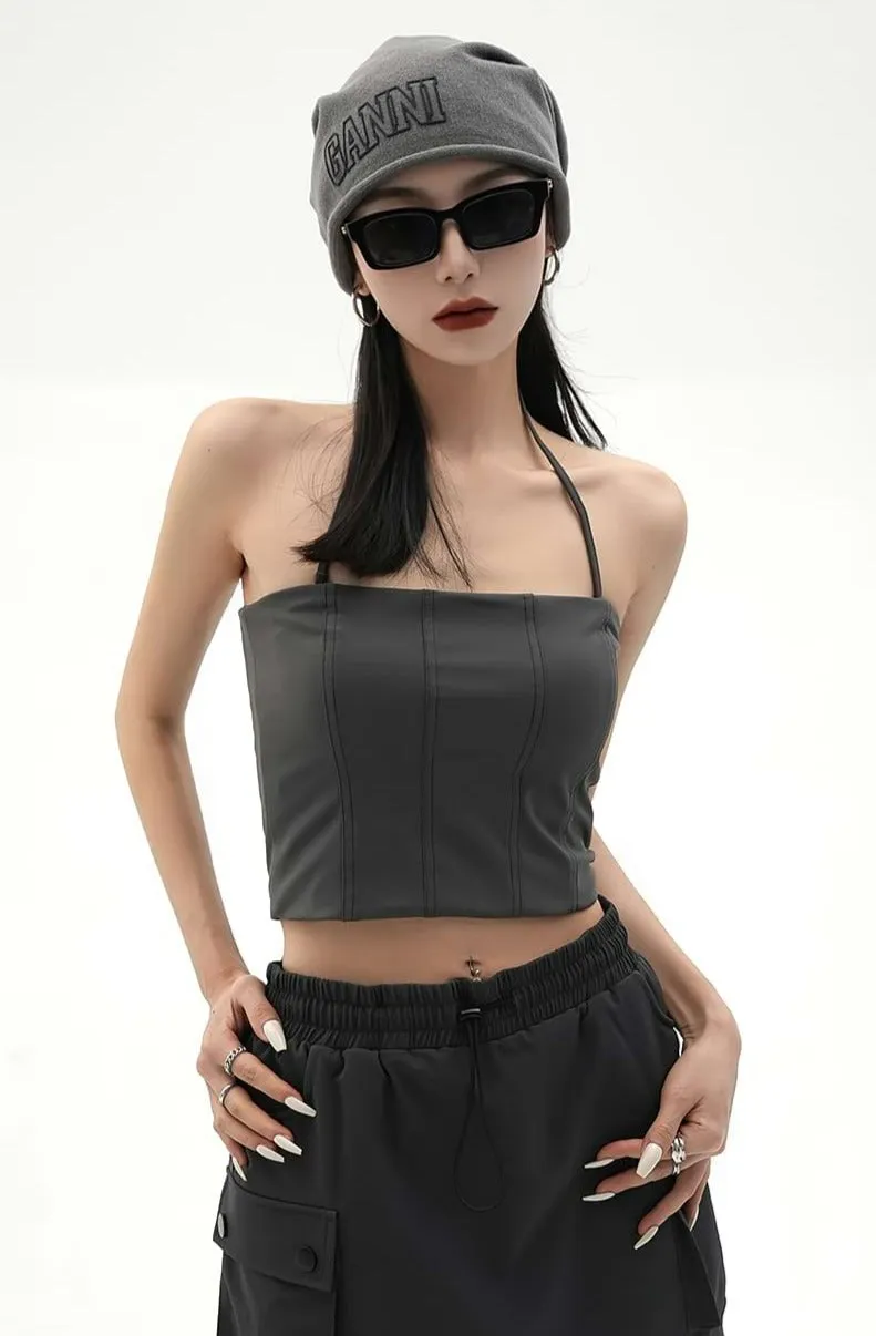 Contrast Stitch Halter Neck Crop Top