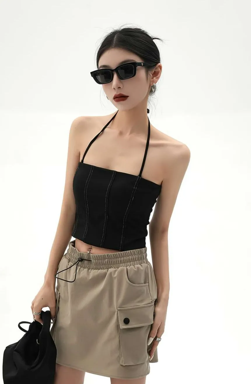 Contrast Stitch Halter Neck Crop Top