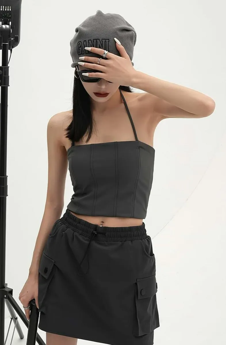 Contrast Stitch Halter Neck Crop Top