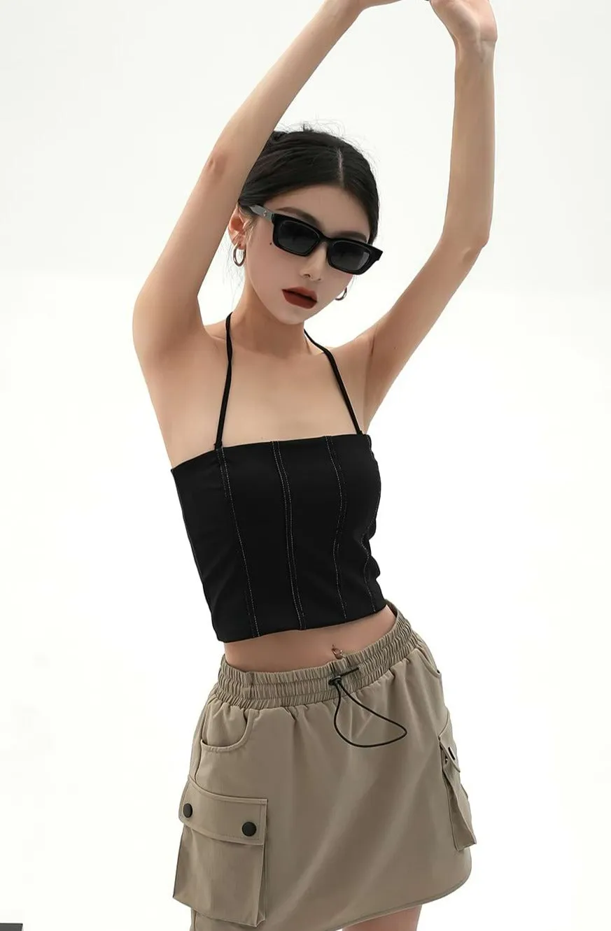 Contrast Stitch Halter Neck Crop Top