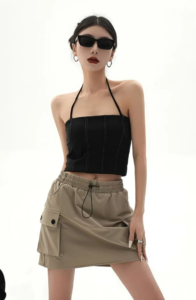 Contrast Stitch Halter Neck Crop Top