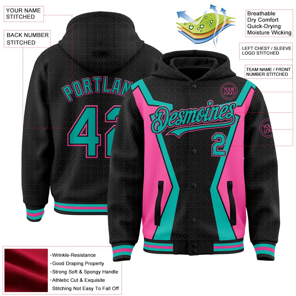 Custom Black Aqua-Pink Arrow 3D Pattern Design Bomber Full-Snap Varsity Letterman Hoodie Jacket