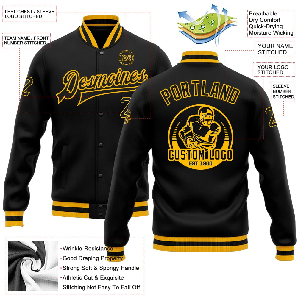 Custom Black Black-Gold Bomber Full-Snap Varsity Letterman Jacket