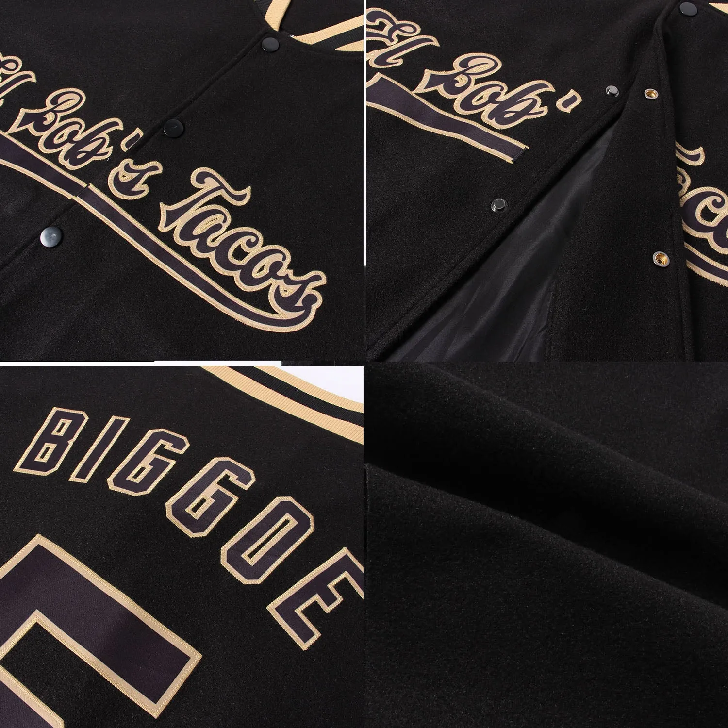 Custom Black Black-Old Gold Bomber Full-Snap Varsity Letterman Jacket