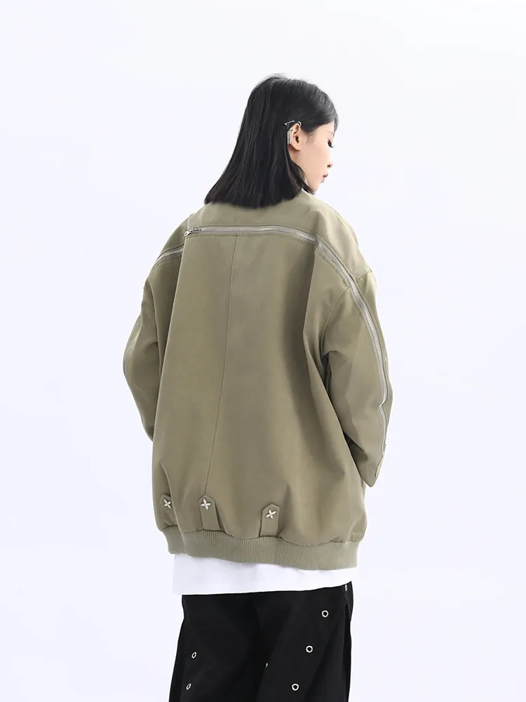 Double Star Pocket Zip Oversized Bomber Jacket