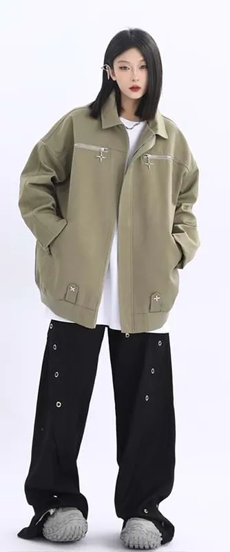 Double Star Pocket Zip Oversized Bomber Jacket