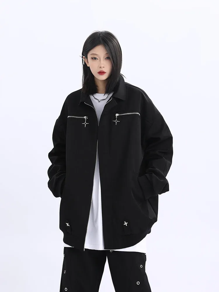 Double Star Pocket Zip Oversized Bomber Jacket