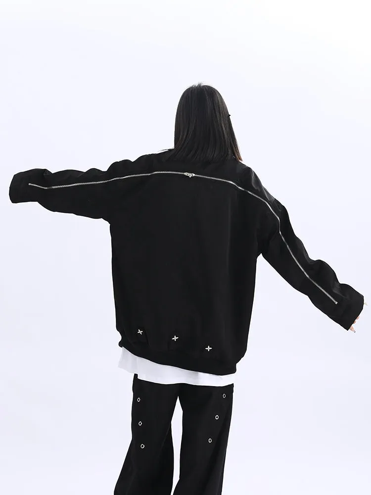 Double Star Pocket Zip Oversized Bomber Jacket